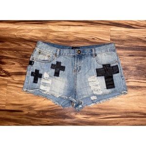 Large Jean Shorts with Black Cross Patches